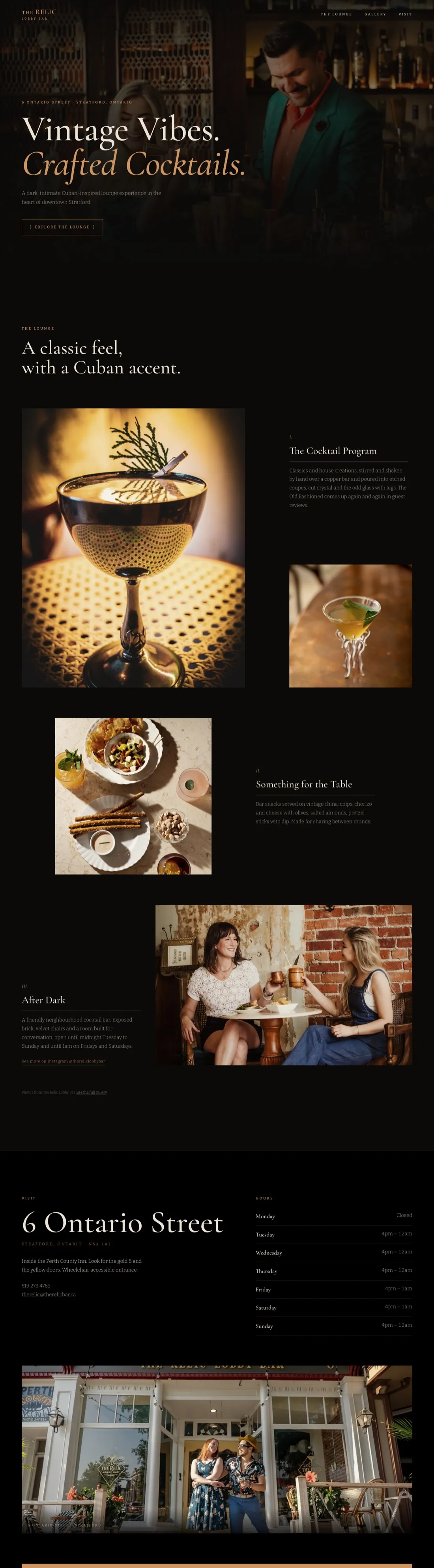 Homepage of The Relic Lobby Bar website